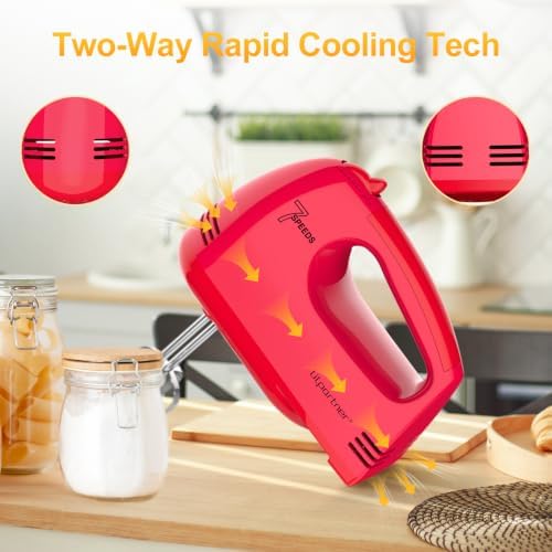 LILPARTNER Hand Mixer Electric, Ultra Power Kitchen Hand Mixer With 7-Speed & 5 Stainless Steel Accessories for Whipping Dough, Cream, Cake, Dishwasher Safe, Light Red