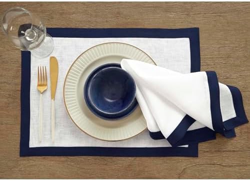 Solino Home 100% Pure Linen Napkins, 20 x 20 in, Navy and White, Set of 4