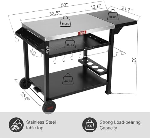 Feasto 40x26 Grill Cart, Stainless Steel Top, 3-Shelf with Wheels & Cover