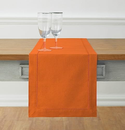 Solino Home Cotton Linen Dining Table Runner Pumpkin Hemstitch, 14 x 120 in