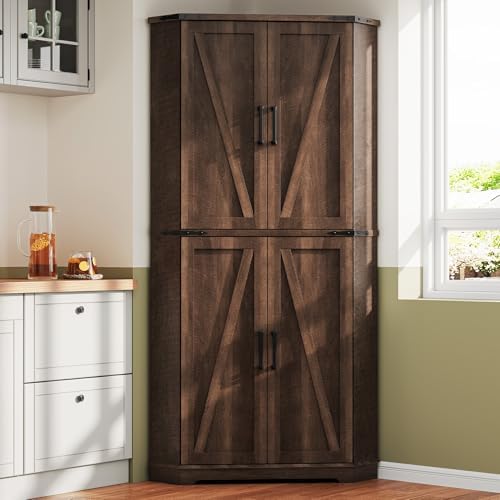 Dripex 71" Brown Farmhouse Corner Pantry Cabinet with LED Light, Tall Storage Cabinet with Doors & Adjustable Shelves, Food Pantry for Kitchen, Living Room, Dining Room