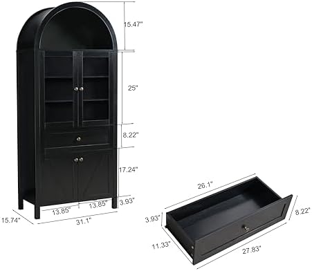 GDFStudio 71'' Arched Kitchen Pantry Cabinet, Wooden Pantry Cabinets for Kitchen Storage, Kitchen Storage Furniture with Adjustable Shelves, Multi-Functional Bookcase for Living Room, Black