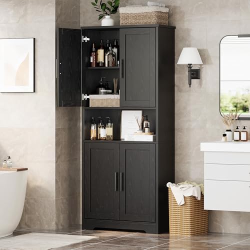 70" Kitchen Pantry Storage Cabinet, Freestanding Buffet Cabinet with Microwave Stand & 4 Door Shelves, Kitchen Hutch with Doors, Adjustable Shelves and Wine Rack, Black.