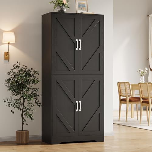 Garvee 70" Kitchen Pantry Cabinet, Farmhouse Tall Pantry Storage with Barn Doors and Adjustable Shelves, Wood Cupboard Locker for Kitchen, Dining Room, Living Room, Garage, Black