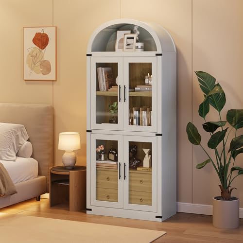 IDEALHOUSE Arched Kitchen Pantry Cabinet,71'' Wood Storage Cabinets Bookcase,Farmhouse Storage Display Cabinet with Glass Doors,2 Large Drawers,Versatile Cupboard for Living Room,Dining Room(White)