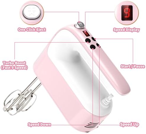 Yomelo 9-Speed Digital Hand Mixer Electric, 400W Powerful DC Motor, Hand Mixer Electric Handheld with Snap-On Storage Case, 5 Stainless Steel Accessories, Beaters, Dough Hooks, Whisk(Pink/White)