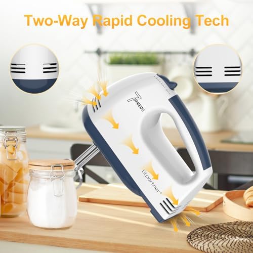 LILPARTNER Hand Mixer Electric, Ultra Power Kitchen Hand Mixer With 7-Speed & 5 Stainless Steel Accessories for Whipping Dough, Cream, Cake, Dishwasher Safe, Light White