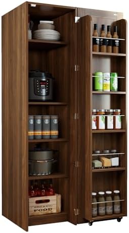 KEIKI 21.65" W Slim Kitchen Pantry Storage Cabinet with Door-Side Rack & Shelves, Tall Narrow Freestanding Sideboard Wood Hutch Food Pantries Cupboard for Coffee Bar, Dining Room