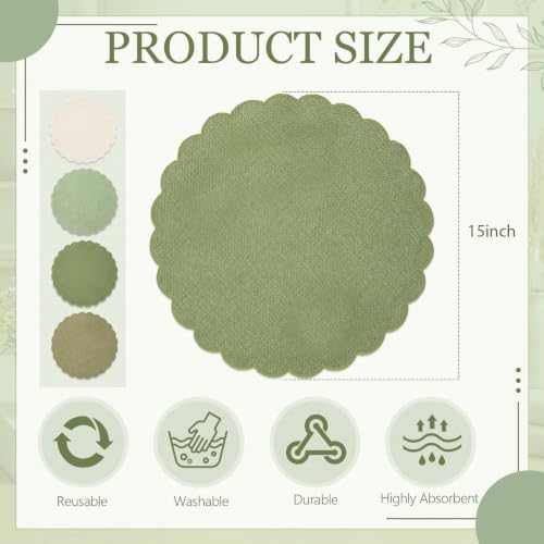 Set of 12 Green Cotton Placemats 15" Round Scalloped