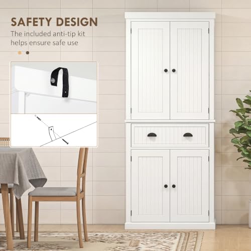 HOMCOM 72" Traditional Kitchen Pantry Cabinet, Freestanding Tall Storage Cabinet with 4 Doors, Drawer and 3 Adjustable Shelves for Dining Room, Cream White