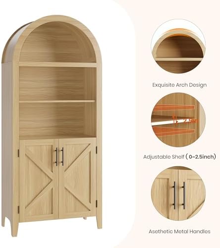 Arched Kitchen Pantry Cabinet with Doors, 5-Tier Open Display Shelf, Wood