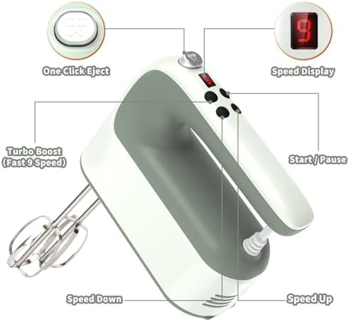 Yomelo 9-Speed Digital Hand Mixer Electric, 400W Powerful DC Motor, Hand Mixer Electric Handheld with Snap-On Storage Case, 5 Stainless Steel Accessories, Beaters, Dough Hooks, Whisk(Light Green)
