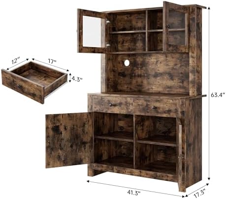 Jojoka 63" Tall Kitchen Pantry Hutch Cabinet with Drawers, Freestanding Storage Cabinet with Microwave Stand, Adjustable Shelves & Tempered Glass Doors for Dining Room Living Room,Brown