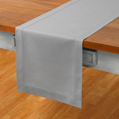 Solino Home Cotton Linen Table Runner Grey Hemstitch, 14 x 132 in