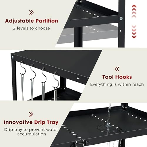 Grill Cart Table Indoor & Outdoor with 4 Lockable Casters, Hooks & Side Handle, Multifunctional Pizza Oven Stand for Patio Kitchen