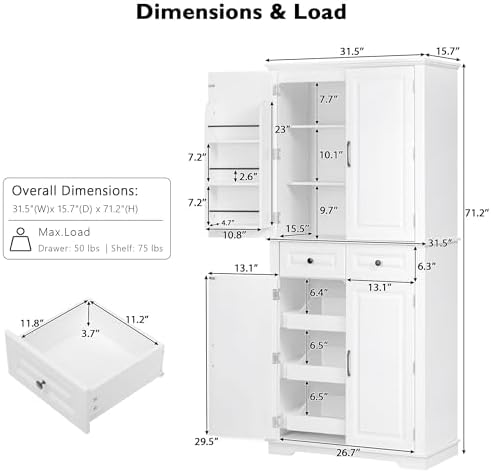 Ball & Cast 71" Farmhouse Kitchen Pantry Cabinet with 3 Pull-Out Organizers, Tall Storage Cabinet with 4 Doors, 2 Drawers, 6 Door Shelves & Adjustable Shelves, Freestanding Cupboard, White