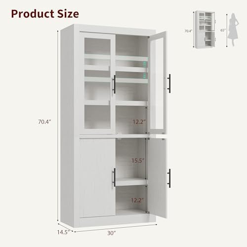 Garvee 70.4" Tall Kitchen Pantry Cabinet with Glass Doors, Retro White