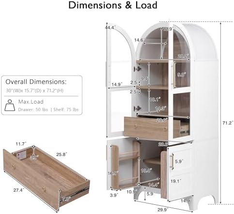 Merax 71" Farmhouse Arched Pantry Cabinet with Glass Doors & Hidden Drawer, Adjustable Shelves Storage Cupboard for Kitchen/Dining Room, White