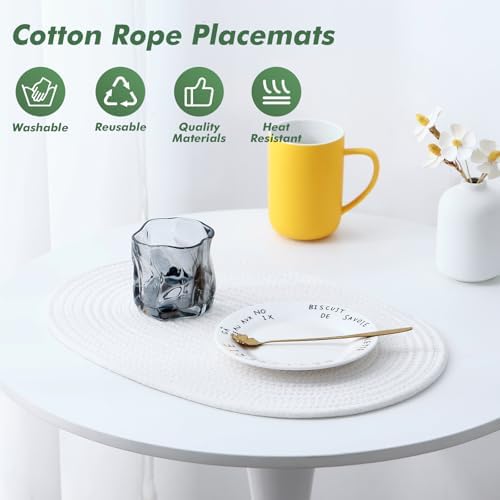 Oval Woven Placemats Set of 8 Heat Resistant Placemats 17 x 12 Inches Farmhouse Cotton Rope Place Mats for Dining Tables Trivets for Hot Dishes, White