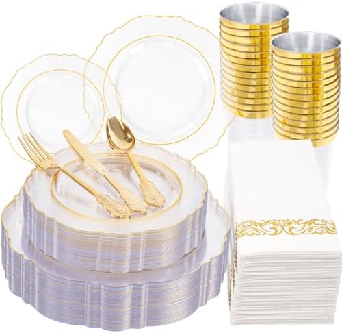 KIRE 210Pcs Clear Plastic Plates with Gold Rim for Wedding/Party