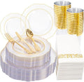 KIRE 210Pcs Clear Plastic Plates with Gold Rim for Wedding/Party
