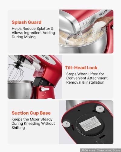 VEVOR 7.4 Qt Tilt Head Stand Mixer 500W Electric Dough Mixer, 6 Speeds with Pulse Food Kitchen Mixer with Stainless Steel Bowl, Splash Guard, Dough Hook, Whisk, Beater, for Baking Mixing