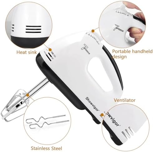 Electric Hand mixer - 7 Adjustable Speed 180W Handheld Mixer Electric Whisk with 5 Stainless Steel Accessories, Turbo Boost/Self-Control Speed + Eject Button Food Beater for Cakes Eggs, Off-white