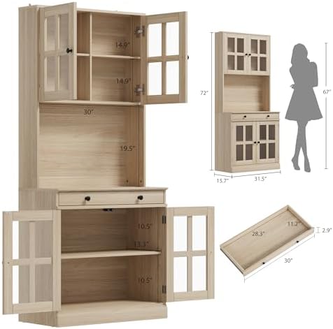 IDEAHOUSE 72" Kitchen Pantry Cabinet with Glass Doors & Drawer, Wood