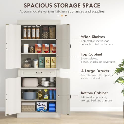 HOMCOM 71" Freestanding Kitchen Pantry Cabinet 4 Doors Distressed White