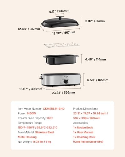 VEVOR Roaster Oven, 14QT Fast-Cooking Turkey Roaster, 150-450℉ Adjustable Temperature Electric Roasting Pan with Self-Basting Lid, Roasting Lift-Out Rack, Defrost & Warm Function, Fits 18lb Turkey