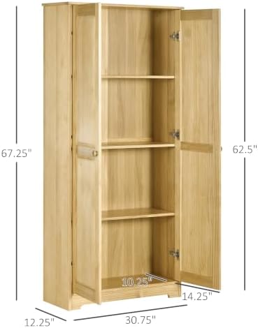 HOMCOM 67" Solid Wood Kitchen Pantry Storage Cabinet with Doors Light Brown