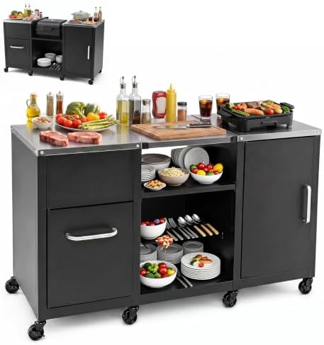 HAPPYGRILL 59” Outdoor Grill Table w/2 Removable Shelves & Storage Cabinets