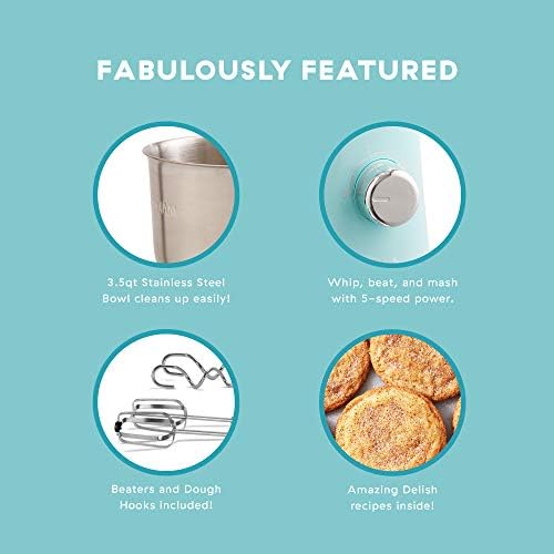 Delish by Dash Stand Mixer - Compact Mixer for Everyday Baking - 5-Speed Power with Removable Mixing Bowl - Dough Hooks Included - Aqua, 3.5-Quart