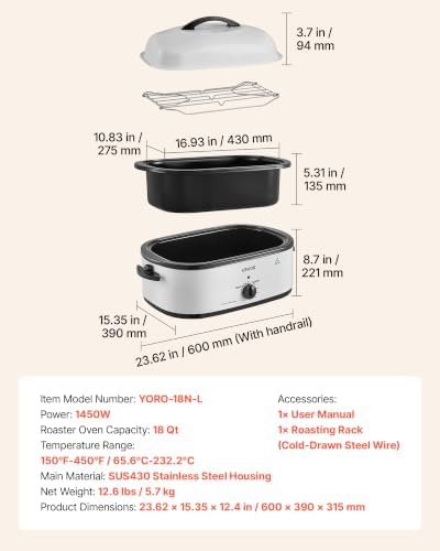 VEVOR Electric Roaster Oven, 18 Qt, Turkey Roasting Pan, White, Metal Lid