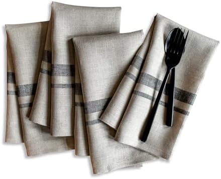 Solino Home 100% Linen Napkins, 20 x 20 in, Black, French Stripe, Set of 4