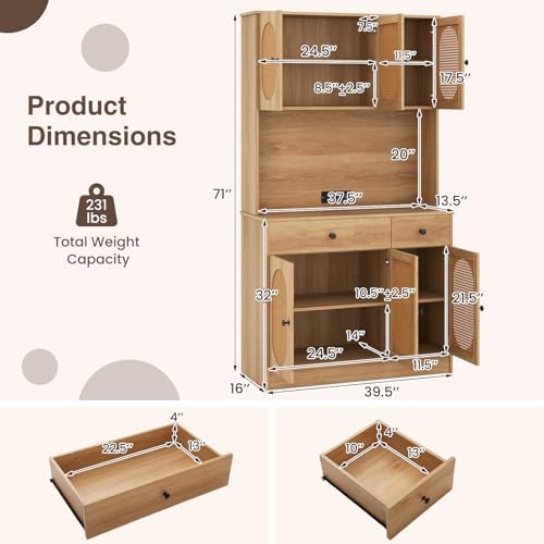 Giantex Kitchen Hutch, 71" Tall Boho Pantry Cabinet w/Charging Station, Microwave Countertop, 6 PE Rattan Door, 2 Drawer, 4 Adjustable Shelf, Freestanding Buffet Sideboard for Dining Room (Natural)