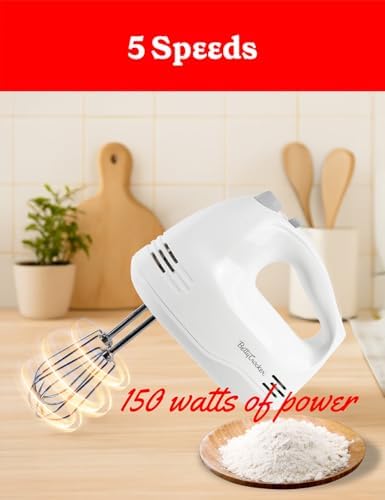 Betty Crocker 5-Speed Hand Mixer, 150 Watts Power, Easy-Clean Chrome Plate Beaters, Beater Eject Button, Heel Rest, Sleek Compact Design, Apartment Essentials, BC-4203WT, White
