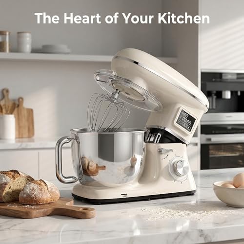 Stand Mixer with LED Display & Timer 6.5QT Stainless Steel Bowl, 1350W 6-Speeds Electric Kitchen Stand Up Mixer for Baking Cakes Cookie Bread Salad Food with Egg Whisk, Dough Hook, Beater - White