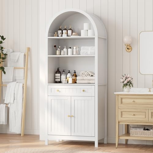 Modern Farmhouse Arched Pantry Cabinet 73" – Freestanding Tall Storage with Adjustable Shelves & Drawer – Accent Kitchen, Dining, Living or Bedroom Cupboard – Embossed White