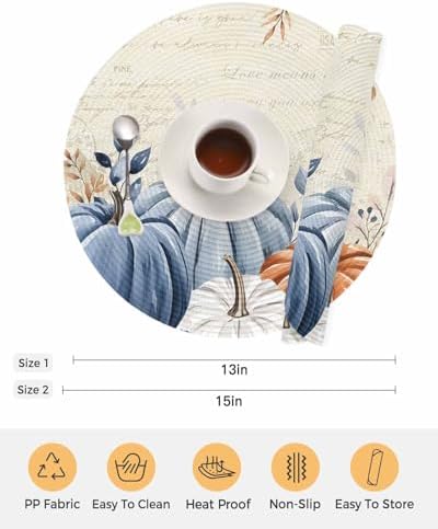 Fall Round Placemats Set of 8 Thanksgiving Blue Pumpkin Place Mats Washable Woven Placemat Autumn Eucalyptus Leaves Circle Braided Table Mat for Kitchen Dining Table Holiday Party Fall Decor 15 Inch