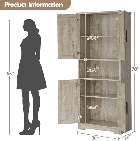 70" Tall Pantry Cabinet, Kitchen Pantry Cabinet with Doors and Adjustable Shelves, Freestanding Cupboard, Tall Storage Cabinet for Bathroom, Dining Room, Living Room, Gray