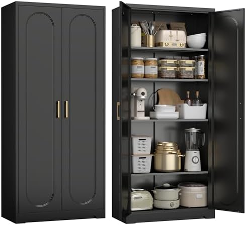 UNICOLY 71" Kitchen Pantry Cabinet, Kitchen Pantry Storage Cabinet with Doors and 4 Shelves, Metal Storage Cabinets for Laundry Room, Living Room, Dinning Room, Assembly Required, Black