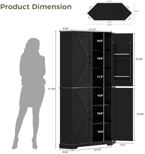 IRONCK Corner Cabinet, 72" Farmhouse Pantry Cabinet, Black