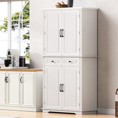 Merax 71" Tall Farmhouse Pantry Cabinet with Pull-Out Shelves, White