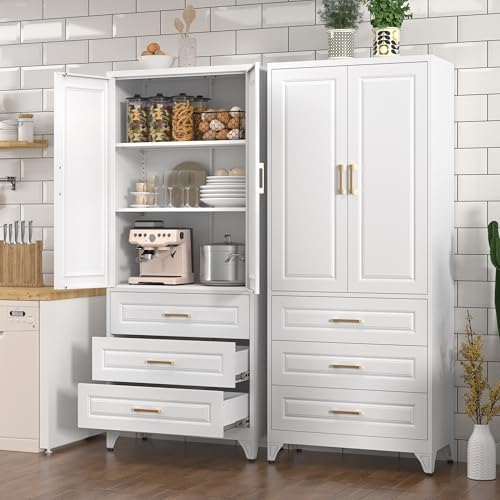 Polup 75" Metal Storage Cabinet, Kitchen Pantry Cabinet with 3 Drawers