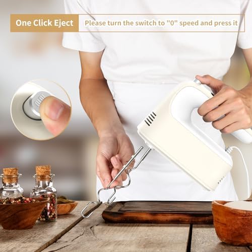 Yomelo 9-Speed Digital Hand Mixer Electric, 400W Powerful DC Motor, Hand Mixer Electric Handheld with Snap-On Storage Case, 5 Stainless Steel Accessories, Beaters, Dough Hooks, Whisk(Cream White)