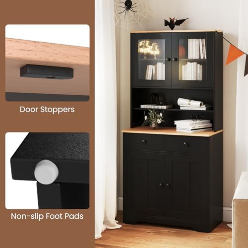 Tall Kitchen Pantry Cabinet, Freestanding Hutch Cabinet with 2 Adjustable Shelves, 2 Glass Doors & 3 Pull-Out Drawers, Wooden Buffet Hutch with Wine Rack, Countertop for Dining Room (Black)