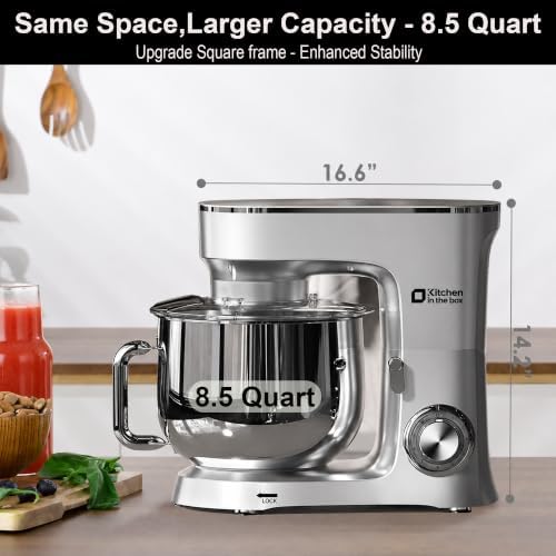 Kitchen in the box Stand Mixer 8.5 QT, 900 Watt Heavy Dough Mixer Silver