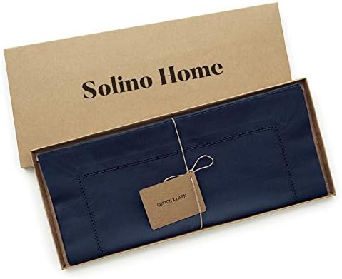 Solino Home Cotton Linen Table Runner Navy Hemstitch, 14 x 156 in