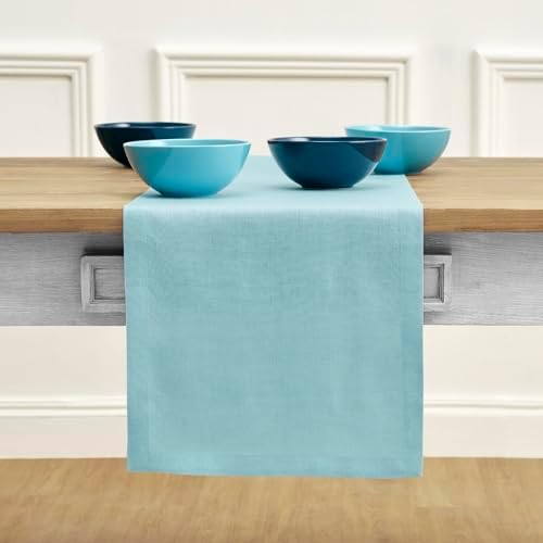 Solino Home 100% Pure Linen Table Runner Aqua Blue Long, Fete 14 x 108 in